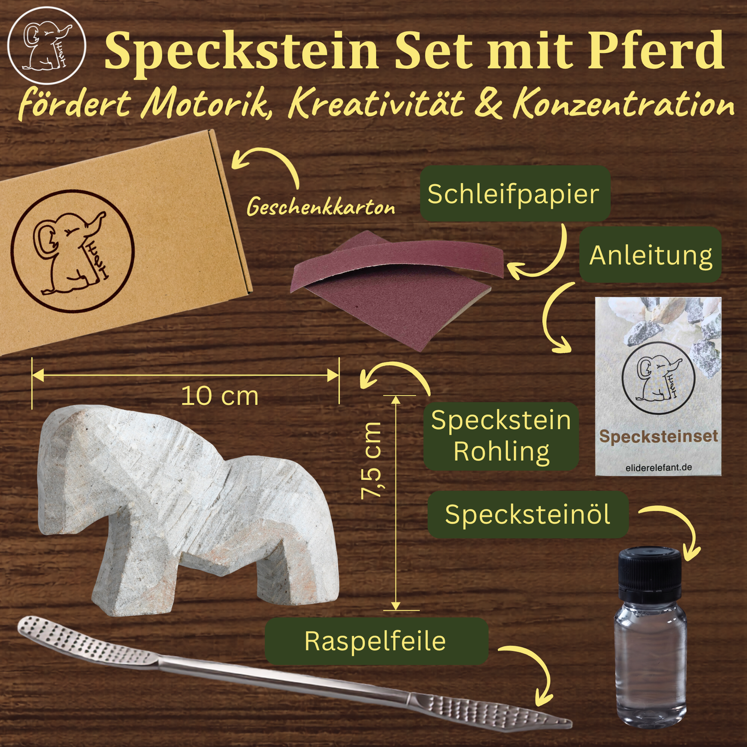 Speckstein Set - Pferd Rohling mit Werkzeug ab 6 Jahren