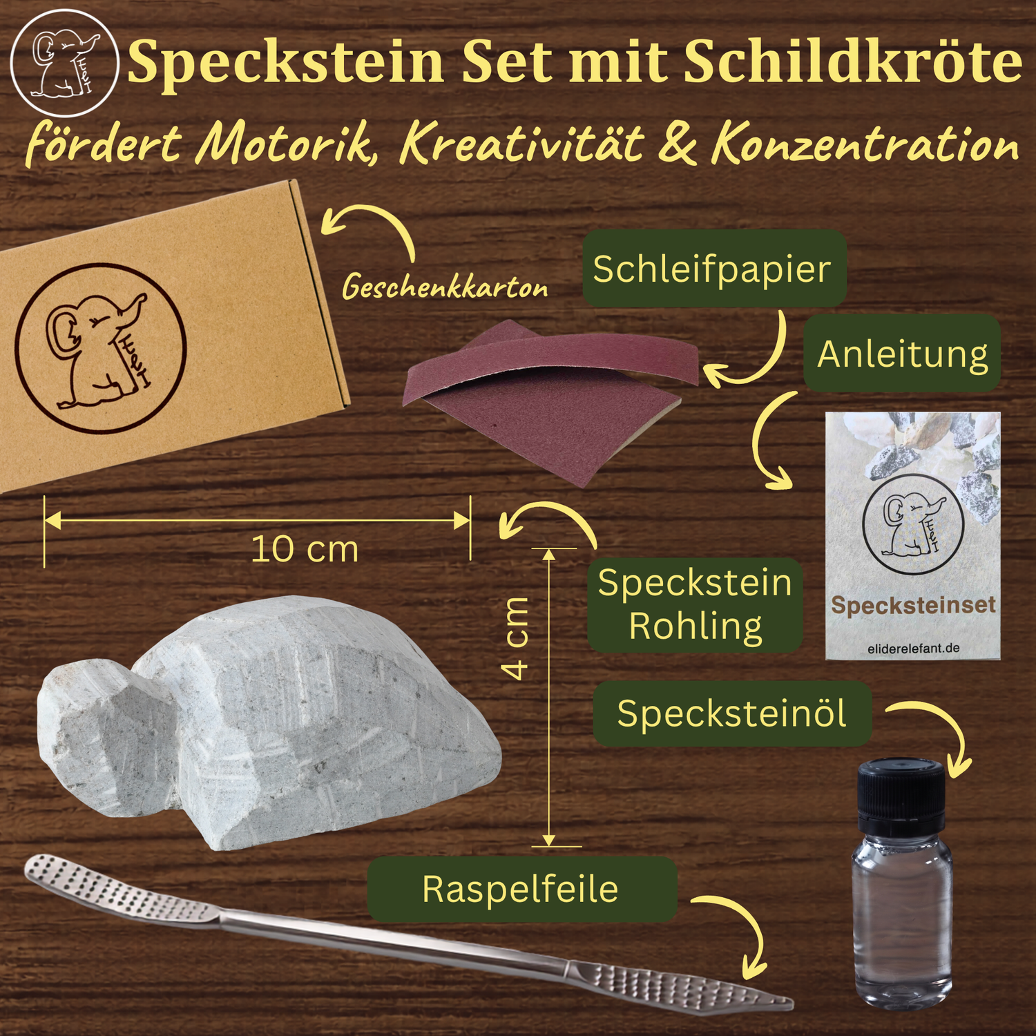 Speckstein Set - Schildkröte Rohling mit Werkzeug ab 6 Jahren