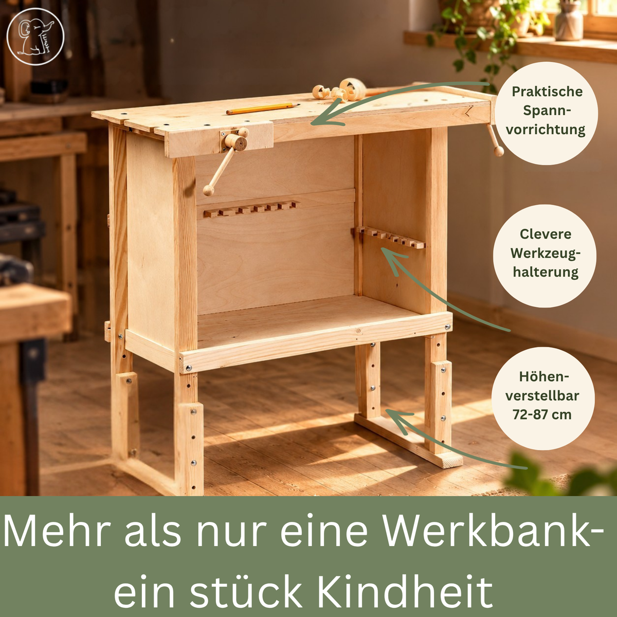 Kinderwerkbank aus Vollholz – höhenverstellbar mit 2 Einspannhalterungen