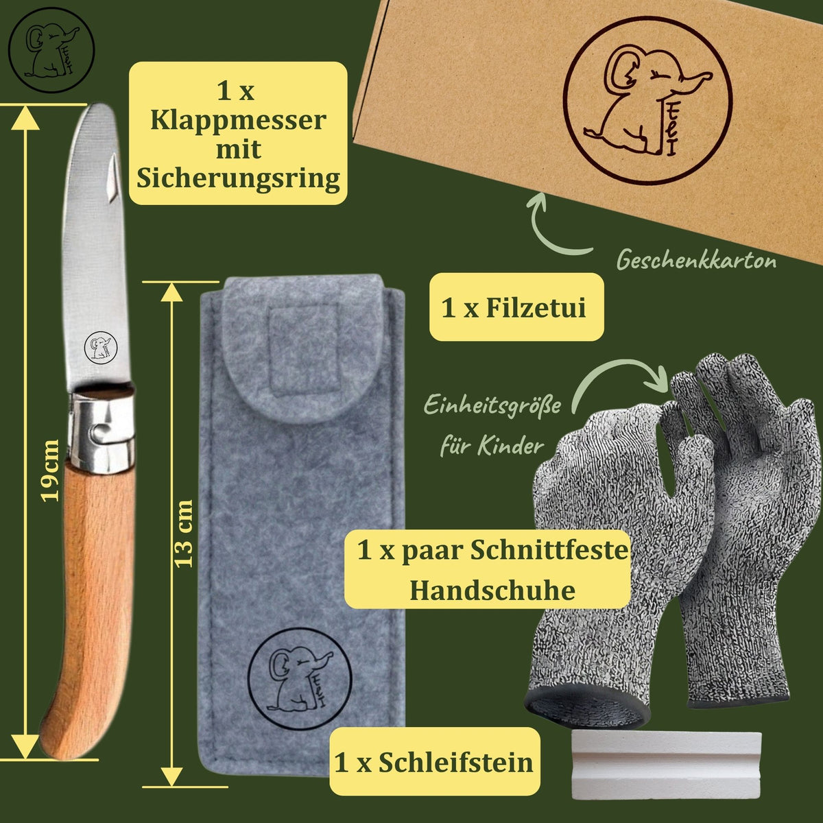 Kinderschnitzmesser mit Klappfunktion, Handschuhen & Filztasche