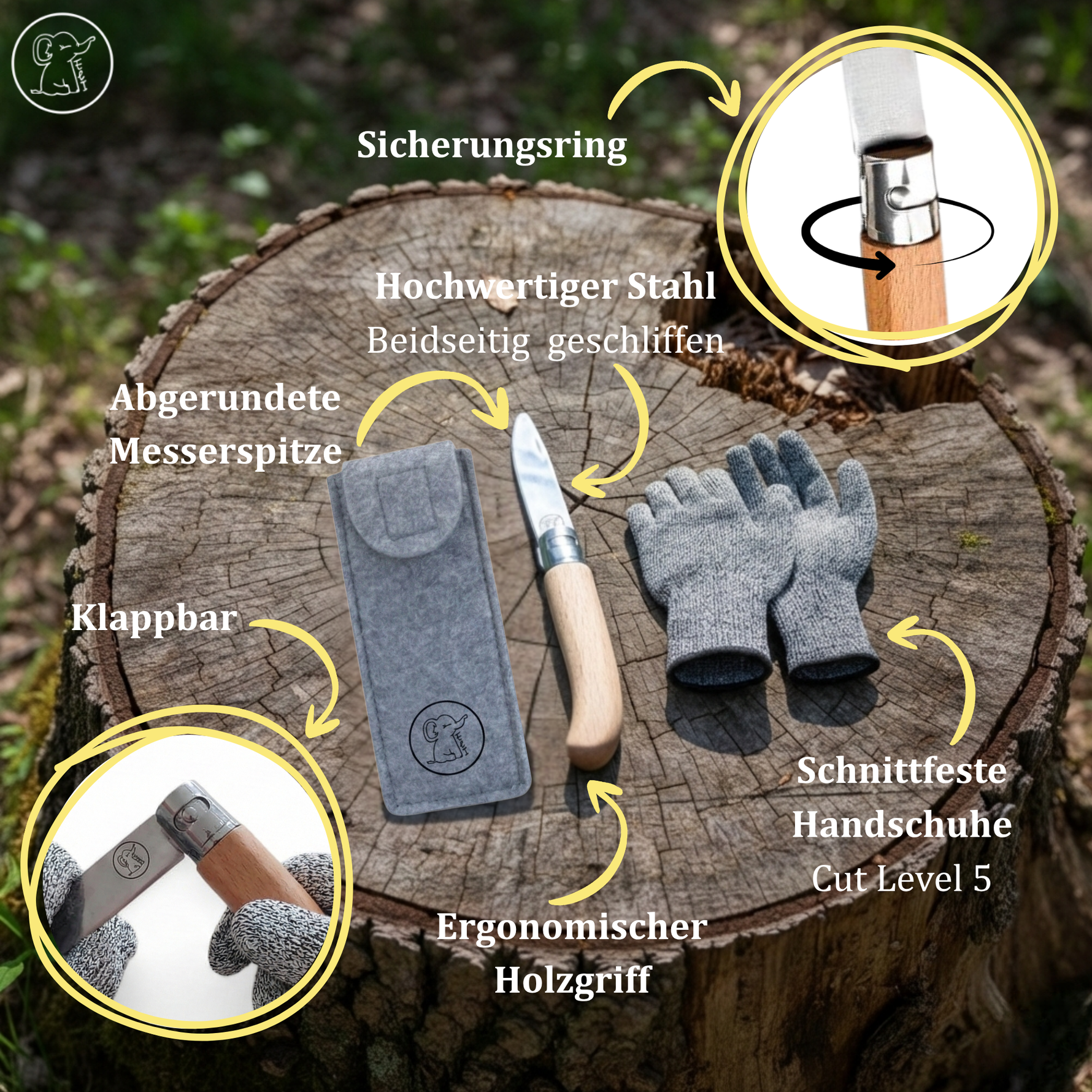 Kinderschnitzmesser mit Klappfunktion, Handschuhen & Filztasche – Ansicht 7