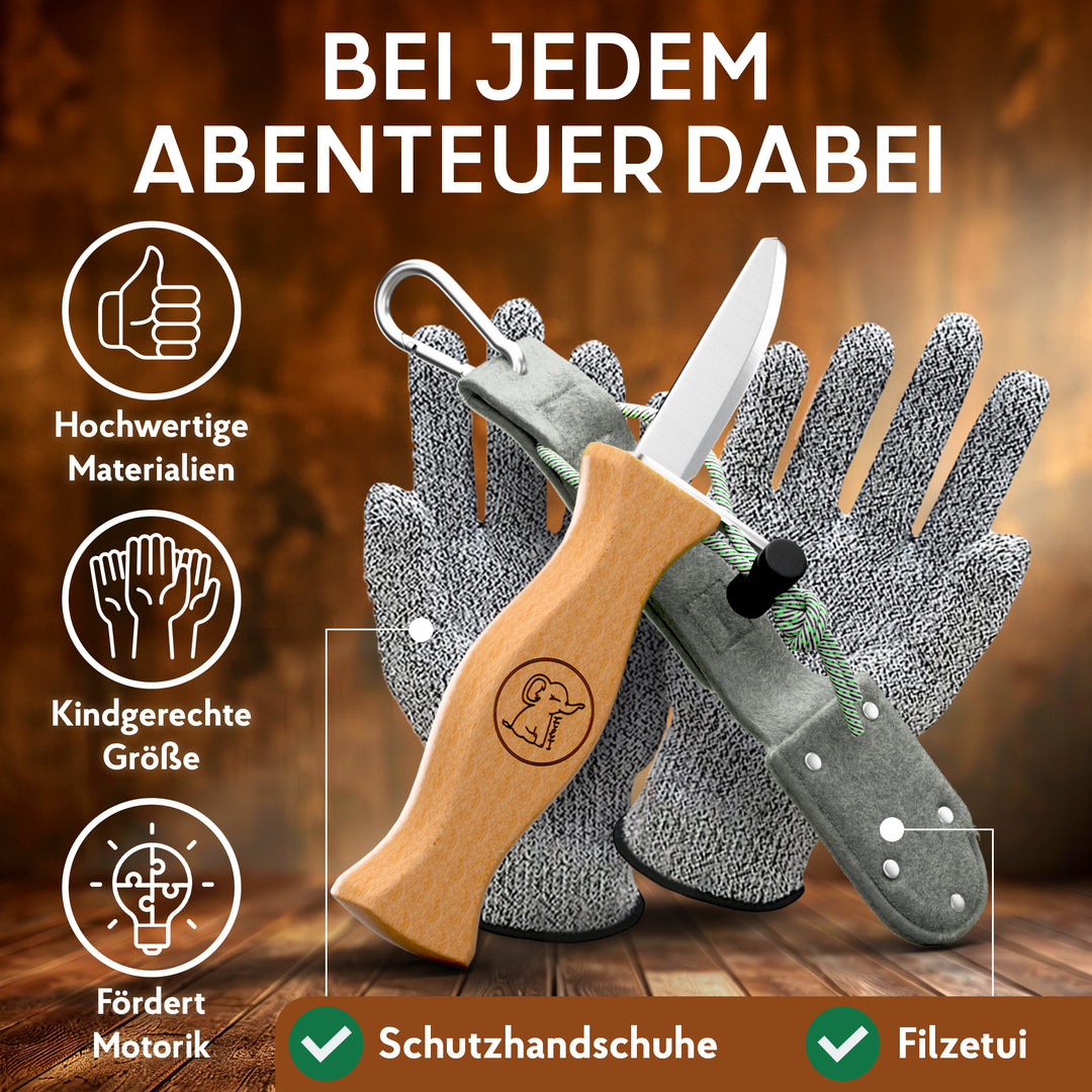 Kinderschnitzmesser mit grauer Filztasche und Handschuhen