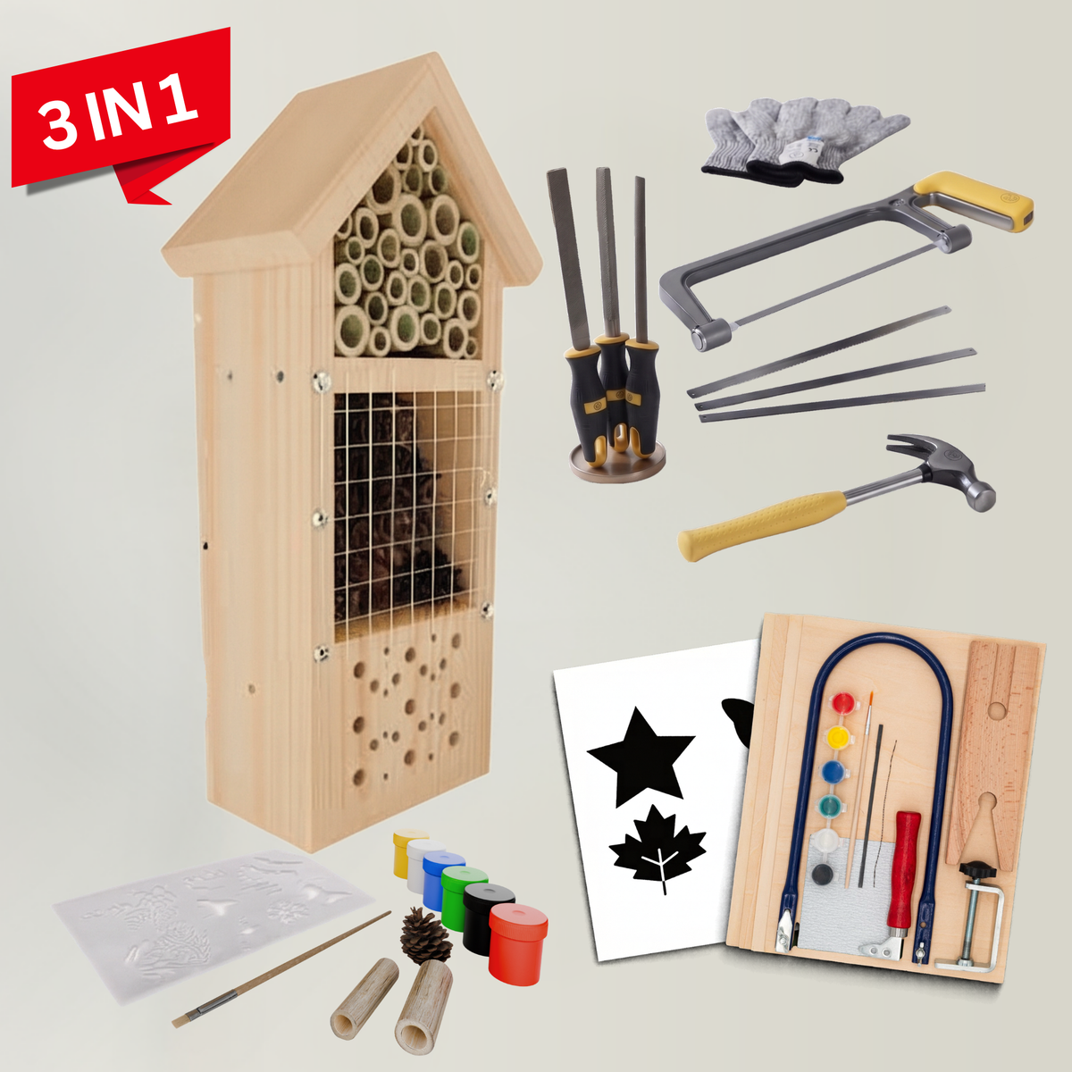 Erstes Naturprojekt – Laubsäge Set mit Werkzeug & Insektenhotel Bausatz