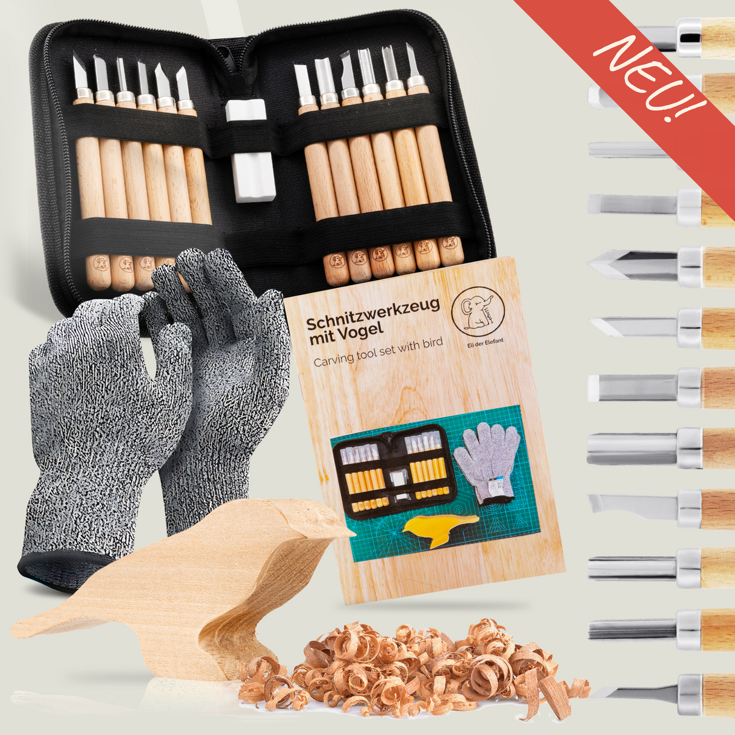 Schnitzset mit 12 Werkzeugen, Handschuhen, Anleitung und mehr
