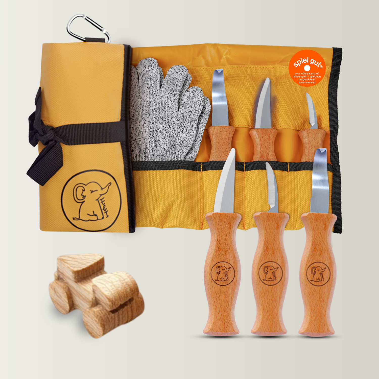 Schnitzset aus 3 Messern, Handschuhen und gelber Tasche